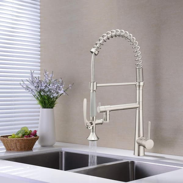 Contemporary Single-Handle Gooseneck Pull-Down Sprayer Kitchen Faucet with LED in Brushed Nickel