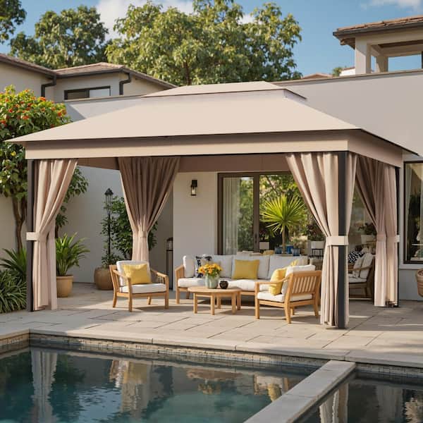 10 ft. x 13 ft. Khaki Outdoor Steel Frame Gazebo with Mosquito Netting