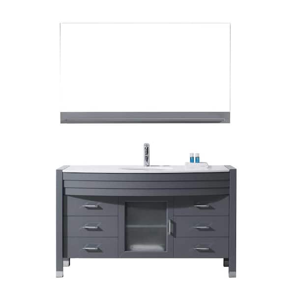 Virtu USA Ava 55 in. W Bath Vanity in Gray with Stone Vanity Top in White with Round Basin and Mirror