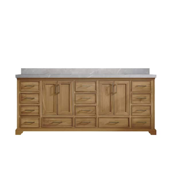 Willow Collections Charlotte Teak 84 in. W x 22 in. D x 36 in. H Double Sink Bath Vanity in Premium Polish with 2 in. Light Gray Qt. Top