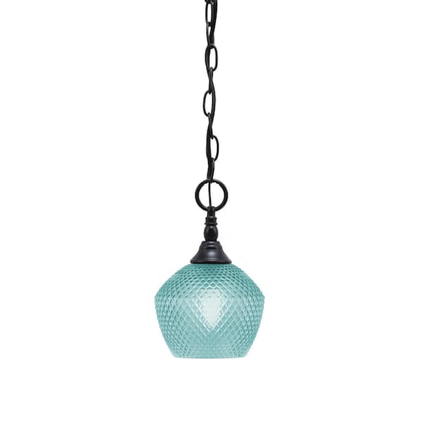 Unbranded Elva 100-Watt 1-Light Matte Black Shaded Pendant Light with 6 in. Turquoise Textured Glass Shade, No Bulb Included
