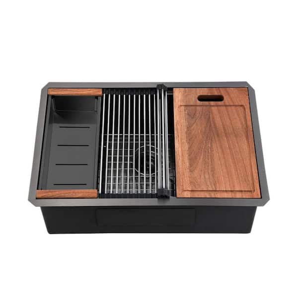 32 in. Undermount Single Bowl 16 Gauge Gunmetal Black Stainless Steel Kitchen Sink with Bottom Grids