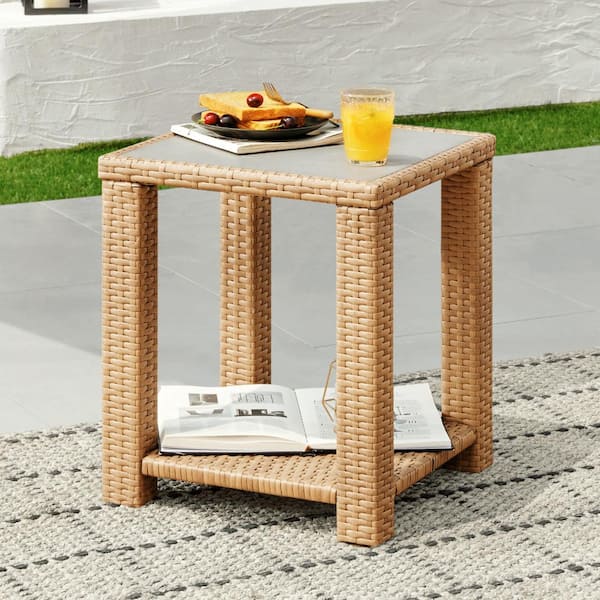 Cyril 18.1 in. W Brown Rectangle Wicker End Table Side Table for Living Room and Backyard for Indoor and Outdoor