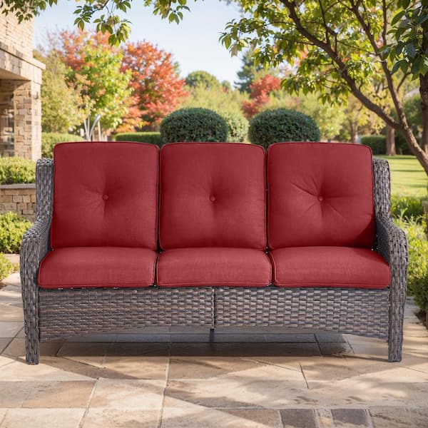 Gymojoy Carolina Brown Wicker Outdoor Couch with Red Cushions