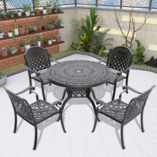 Anvil 5-Piece Black Patio Cast Aluminum Outdoor Dining Set and Round Table with Umbrella Hole with Random Color Cushions