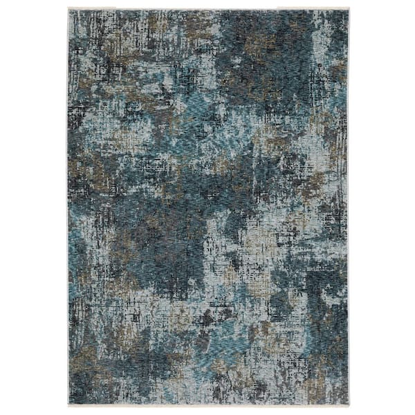 5 ft. x 8 ft. Blue And Gray Abstract Distressed with Fringe Area Rug