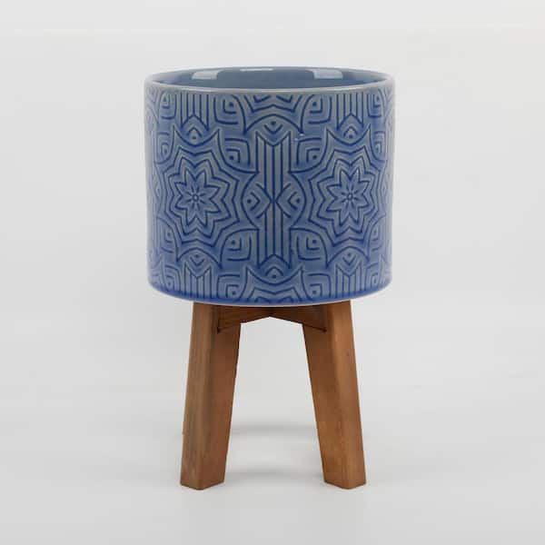 6.6 in. Constance Small Star Textured Blue Ceramic Planter (6.6 in. D x 9 in. H) with Wood Stand