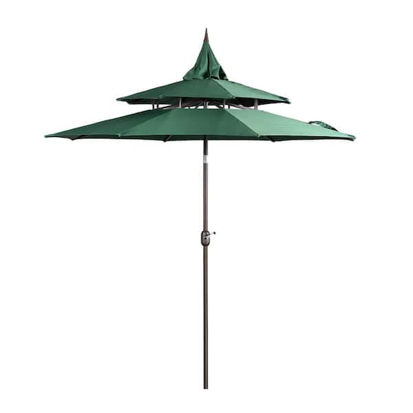 Aoodor 9 ft. 3-Tier Patio Umbrella Outdoor Market Umbrella with Crank and Push Button Tilt in Green