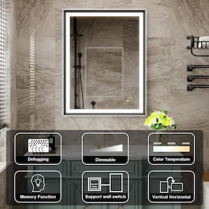 LUKY 28 in W x 36 in. H Rectangular Single Aluminum Framed Anti-Fog LED Light Wall Bathroom Vanity Mirror in Matte Black