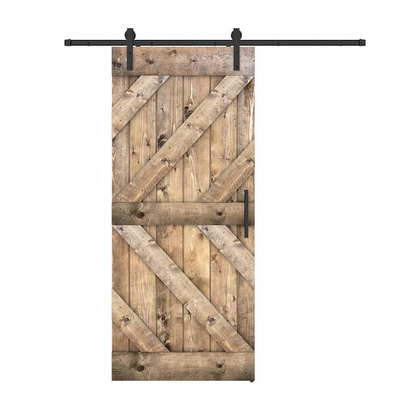 Dessliy Triple KL 28 in. x 84 in. Dark Walnut Finished Pine Wood Sliding Barn Door with Hardware Kit (DIY)