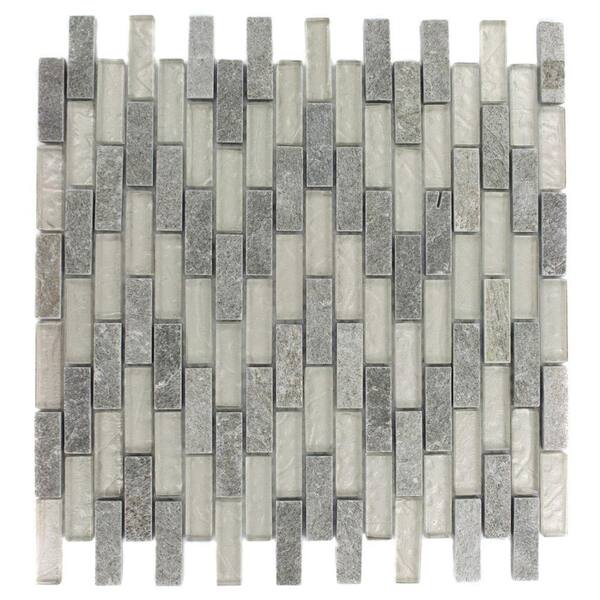 Splashback Tile Tectonic Brick Green Quartz Slate and White Gold 12 in. x 12 in. x 8 mm Glass Mosaic Floor and Wall Tile