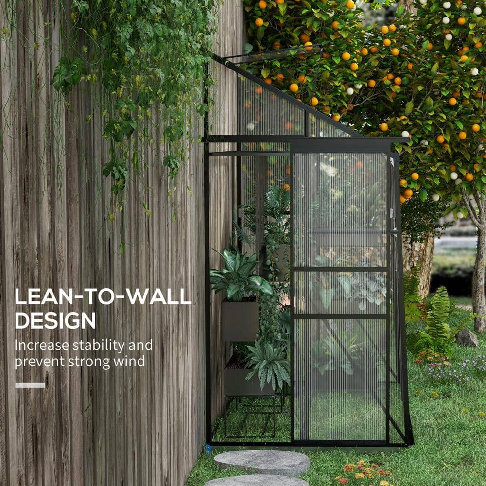 Outsunny Black Polycarbonate Lean-To Greenhouse with Sliding Door