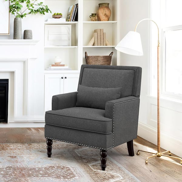 LUE BONA 35 in. Carbon Gray Fabric Classic Accent Chair Solid Wood Upholstered Armchair with Cushion Nailhead