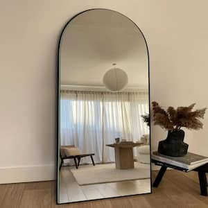 32 in. W x 71 in. H Classic Arched Wood Full Length Mirror Black Wall Mounted Standing Mirror Floor Mirror