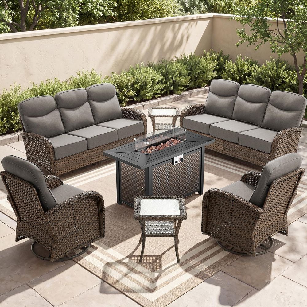Goyal Brown 7-Piece Patio Fire Pit Conversation Furniture Set, Outdoor Swivel Glider Sofa Set with 6 in. Gray Cushions price history on PriceWatchPro