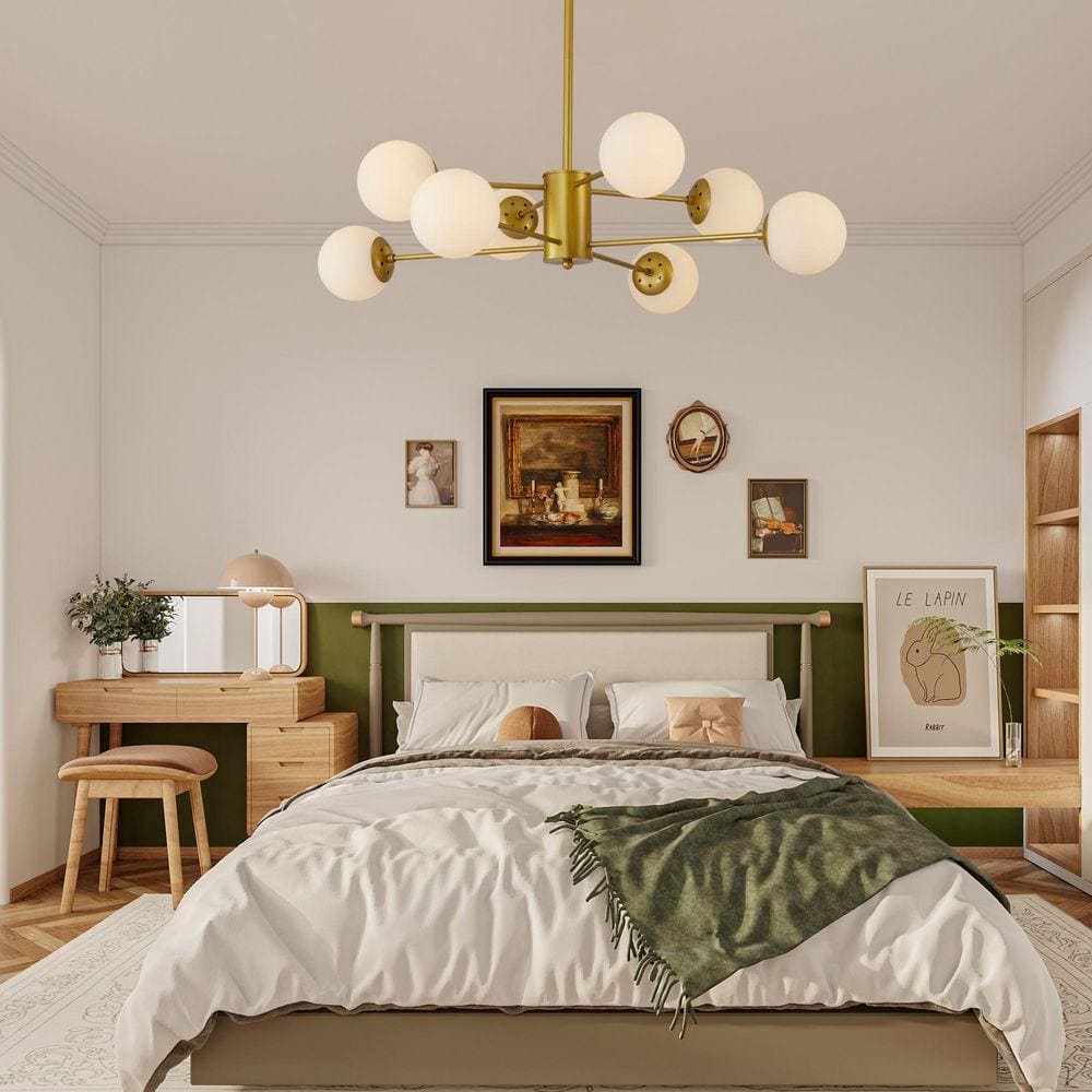Sunpez 8 Light Gold Chandelier with Metal Frame, Glass Globe