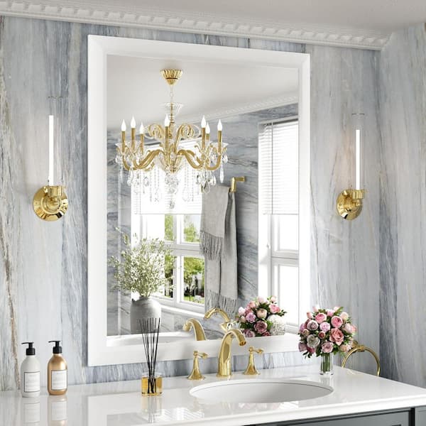 30 in. W x 36 in. H Rectangular Diamond Shape Aluminum Alloy Frame and Tempered Glass Wall Mirror in White