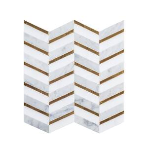 Dreamcicle White 3 in. x 6.63 in. Chevron Marble/Gold Metal Floor and Wall Mosaic Tile Sample