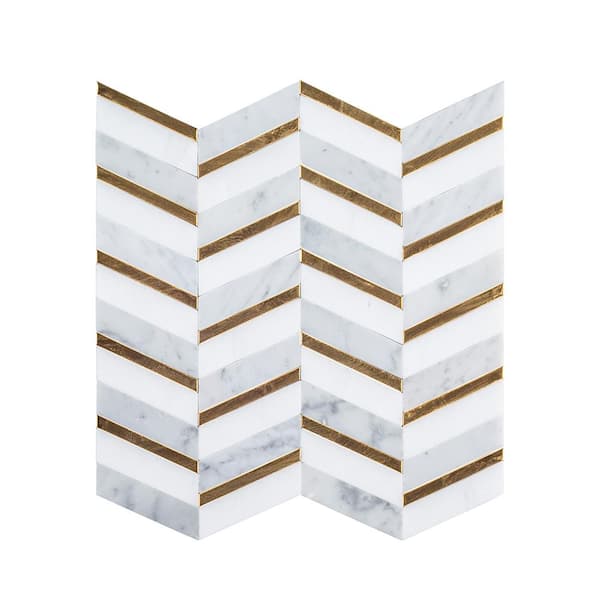 Jeffrey Court Dreamcicle White 11.875 in. x 11.875 in. Chevron Marble/Gold Metal Floor and Wall Mosaic Tile (0.979 sq. ft./Each)