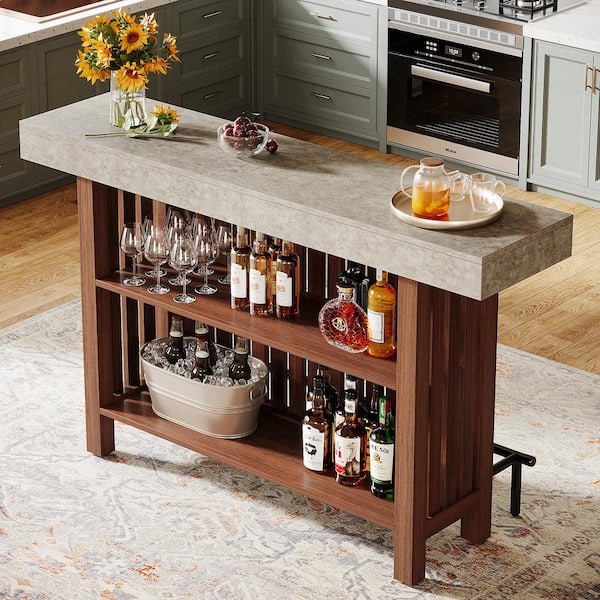 Adan 63 in. Home Brown Wood Modern 2-Tier Bar Table Footrest Corner Mini Coffee Bar Cabinet Bar Unit