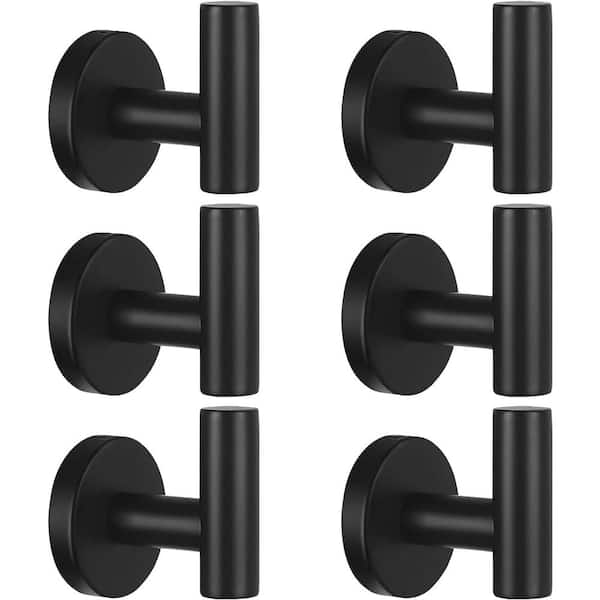 PRIMEPLUS 6-Piece Stainless Steel J-Hook Robe/Towel Hook with Round Mount Post in Matte Black