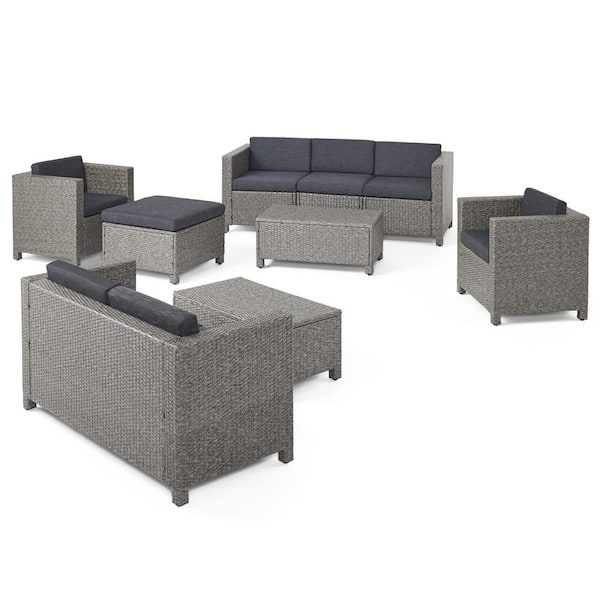 Noble House Puerta Gray 9-Piece Wicker Outdoor Patio Sectional Set with Black Cushions