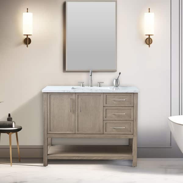 SUDIO Oliver 42 in. W Bath Vanity in Vintage Gray with Engineered Stone Top in Arabescato with White Sink