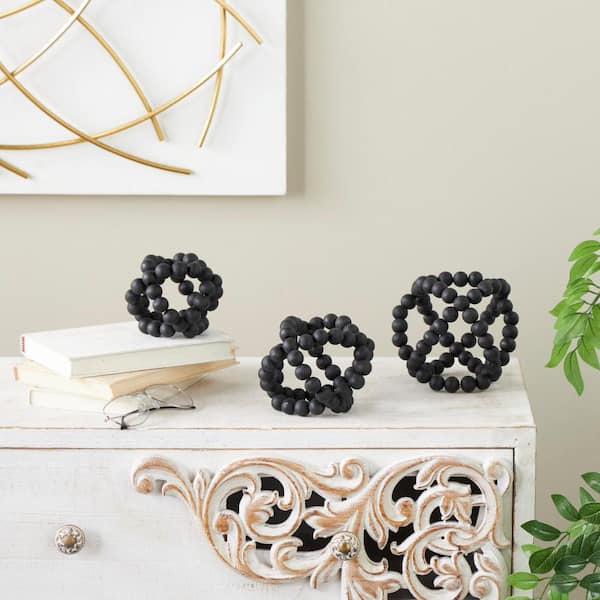 Litton Lane Black Wood Beaded Orbs and Vase Filler with Overlapping Rings (3- Pack)