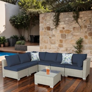 7-Piece Wicker Outdoor Patio Conversation Furniture Seating Set with Dark Blue Cushions and Pillow