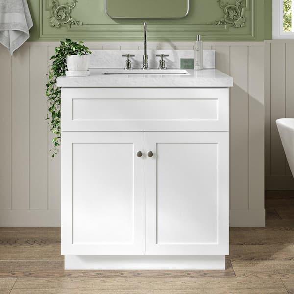 ARIEL Hamlet 30 in. W x 22 in. D x 36 in. H Bath Vanity in White with White Carrara Marble Vanity Top