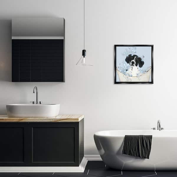 Black and White Puppy in Tub by Sally Swatland Black Floater Frame Animal Graphic Art Print 18 in. x 18 in.