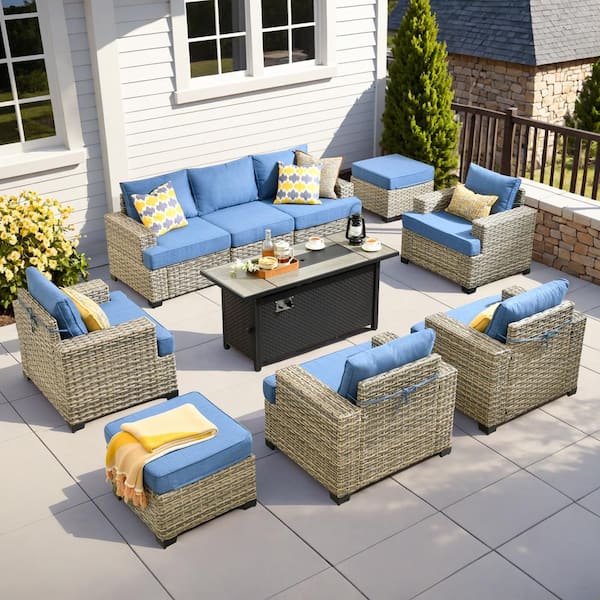 HOOOWOOO Kelleys 10-Piece Wicker Modern Outdoor Patio Conversation Sofa Seating Set with a Metal Fire Pit and Sky Blue Cushions