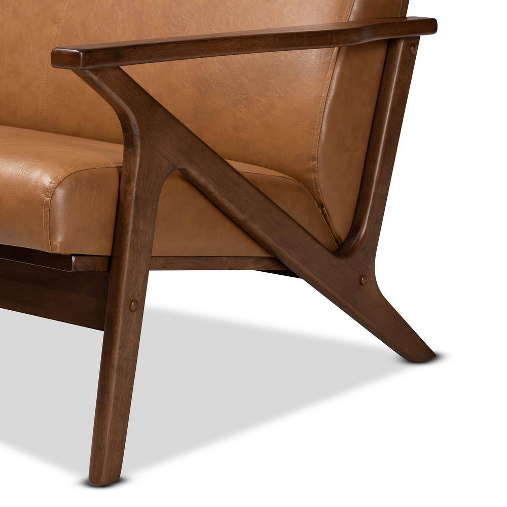 Mid-Century Modern Tan Faux Leather and Walnut Wood Loveseat