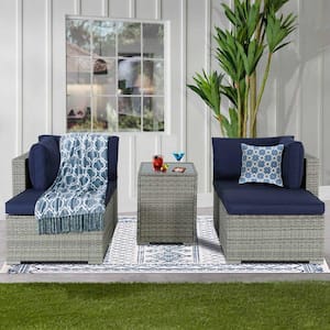 Worthy 5-Piece Light-Gray Wicker Patio Conversation Set with Dark-Blue Cushions