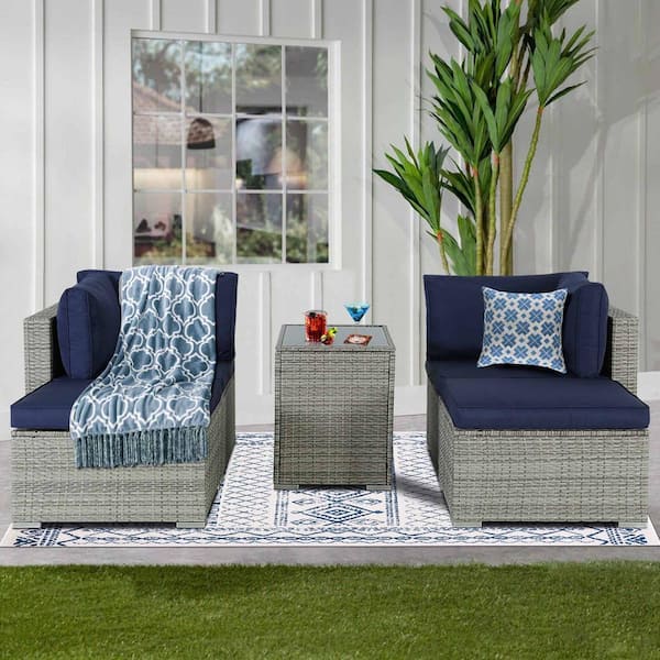 JUSKYS Worthy 5-Piece Light-Gray Wicker Patio Conversation Set with Dark-Blue Cushions