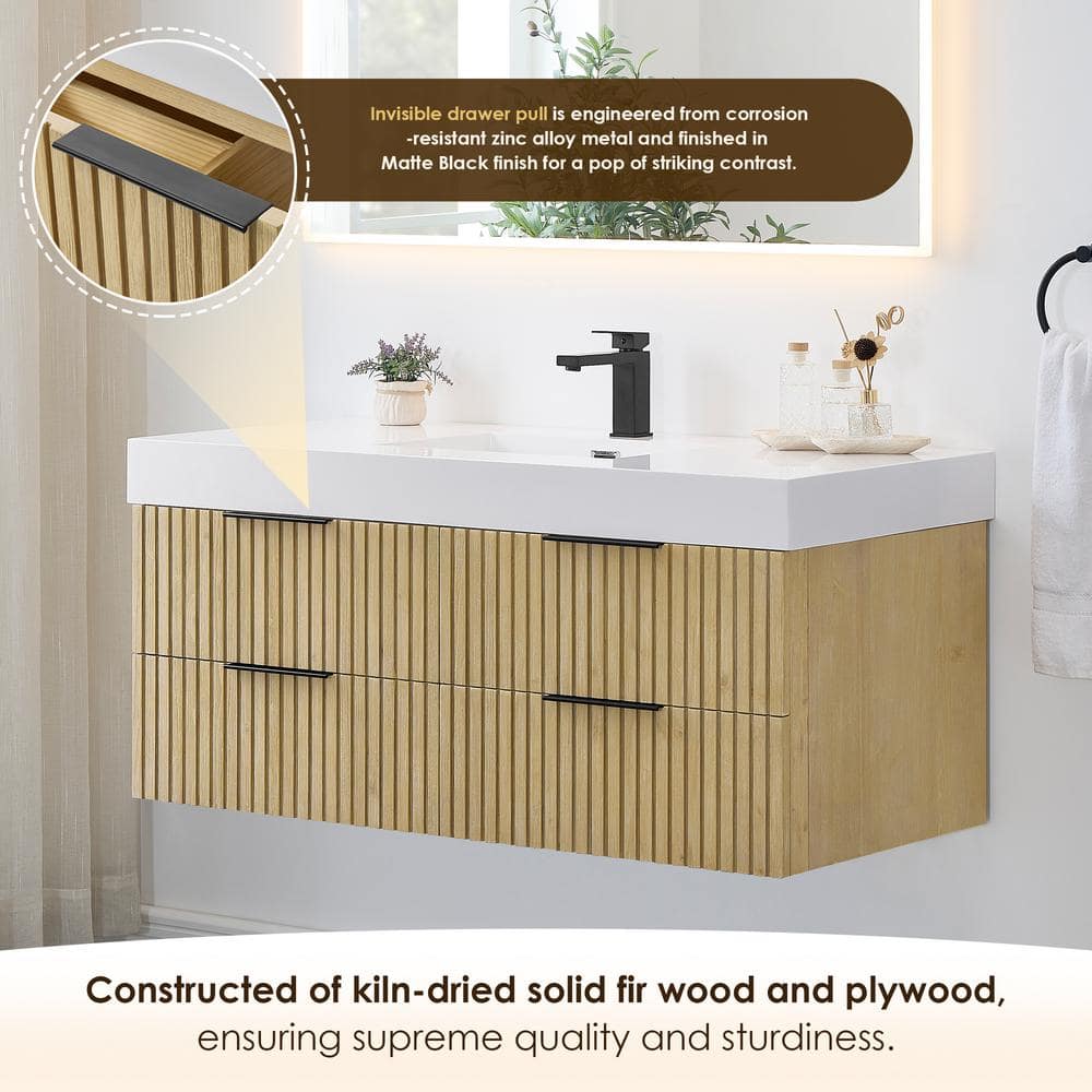 Livia 48" Nature Brown Fir Wood Wall-Mounted Vanity with White Sink