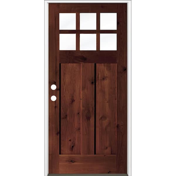 36 in. x 80 in. Craftsman Knotty Alder Right-Hand/Inswing 6-Lite Clear Glass Red Mahogany Stain Wood Prehung Front Door