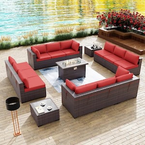 15-Piece Wicker Patio Conversation Set with 55000 BTU Gas Fire Pit Table and Glass Coffee Table and Red Cushions