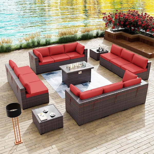 Halmuz 15-Piece Wicker Patio Conversation Set with 55000 BTU Gas Fire Pit Table and Glass Coffee Table and Red Cushions