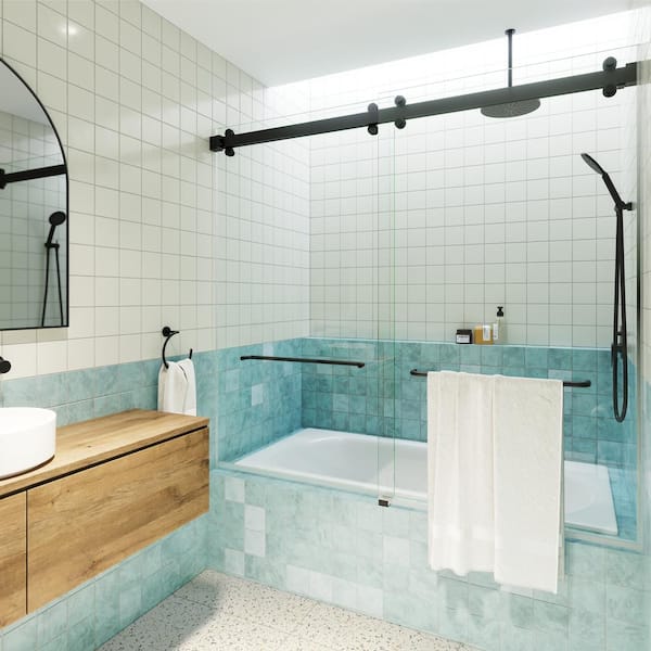 Glass Warehouse Polaris 60 in. W x 66 in. H Sliding Frameless Bathtub Door with Square Hardware in Matte Black with Clear Glass