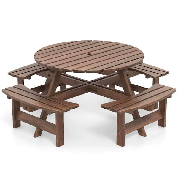 Costway 1-Piece Wood 8-Person Outdoor Dining Set Round Picnic Table Set with 4 Built-in Benches 2 in. Umbrella Hole, Brown