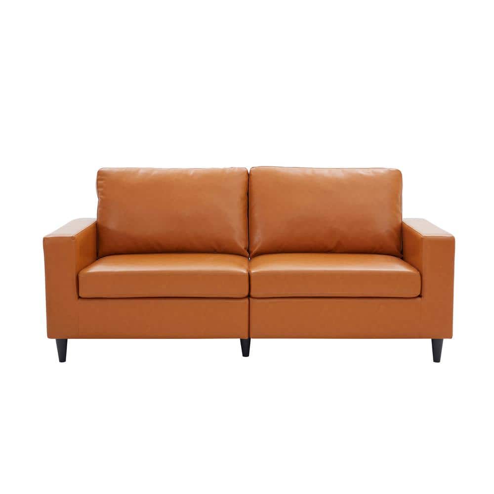 75.2 in. Square Arm Faux Leather MidCentury Straight Sofa in Brown