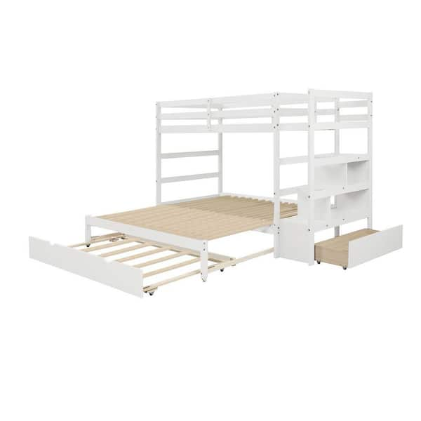 Twin Over Twin/King (Irregular King Size) Bunk Bed with Twin Size Trundle, Extendable Bunk Bed - White