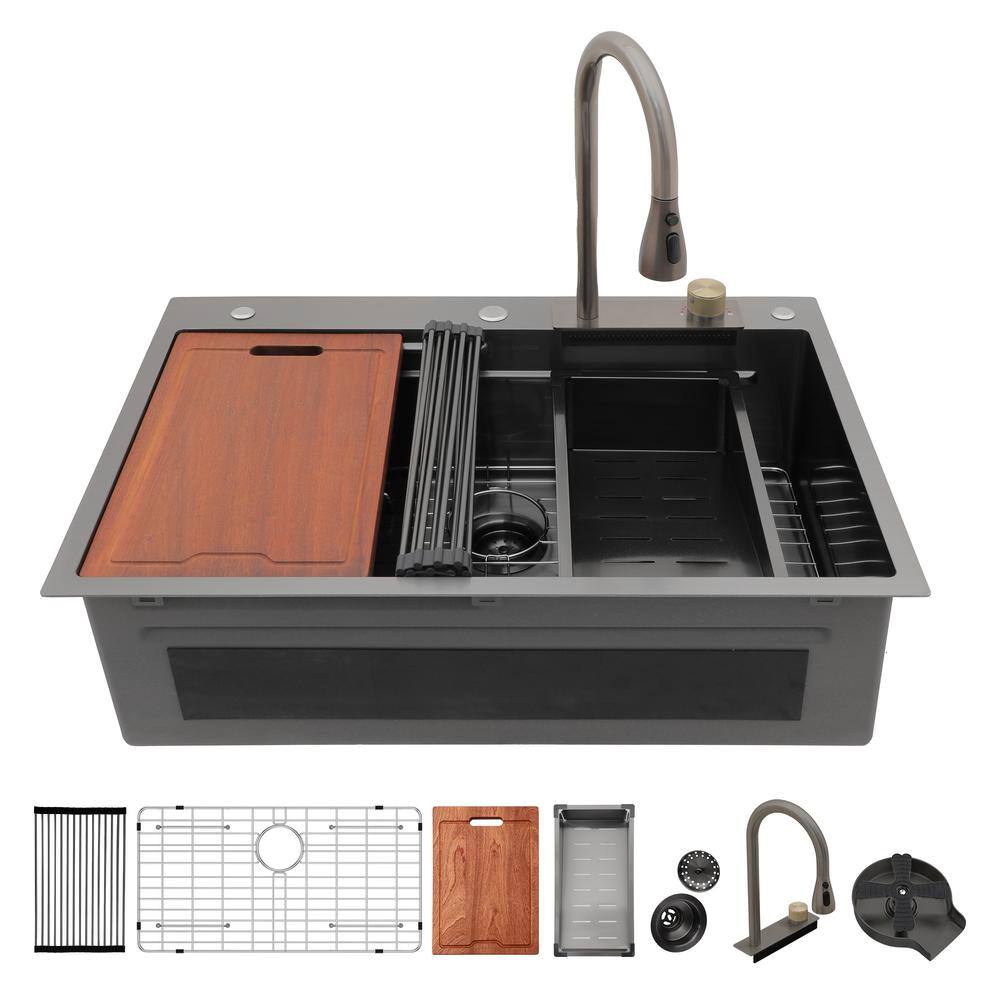 16-Gauge Stainless Steel 33 in. Drop-In Kitchen Bar Sink with Pull-Out Faucet and Cup Washer in Gunmetal Black price history on PriceWatchPro