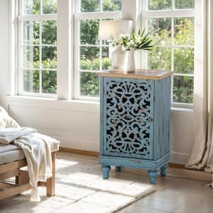 19 in. Blue Hollow-Carved MDF Modern Buffet Sideboard With Solid Wood Legs