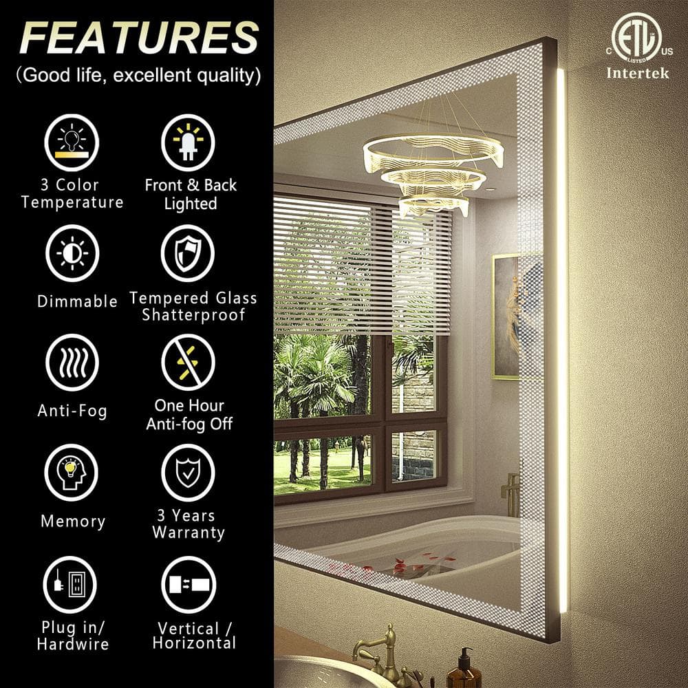 40x32 Black Framed LED Vanity Mirror with Anti-Fog Tempered Glass