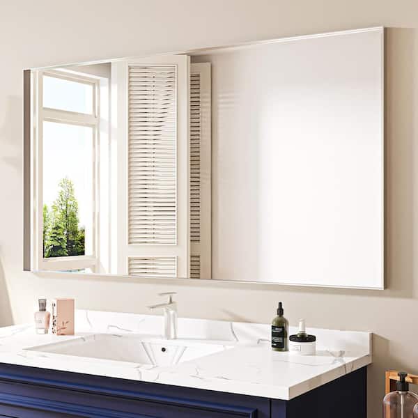 55 in. W x 30 in. H Rectangular Aluminum Framed Wall Bathroom Vanity Mirror in Brushed Sliver