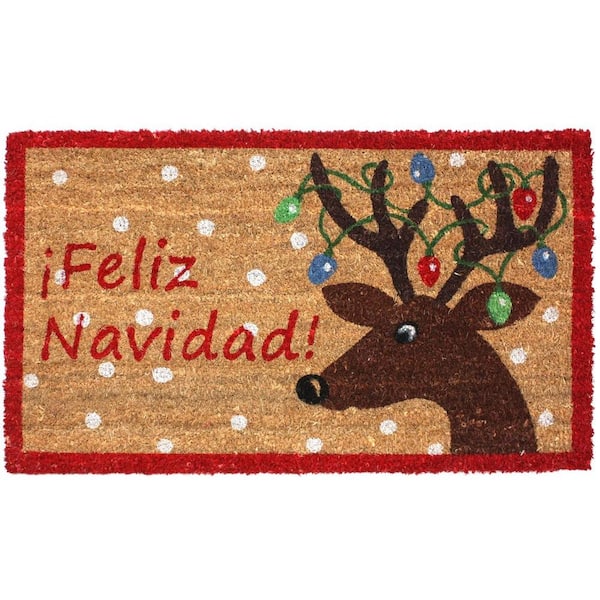J and M Home Fashions Feliz Navidad Reindeer Vinyl Back Coco 18 in. x 30 in. Door Mat