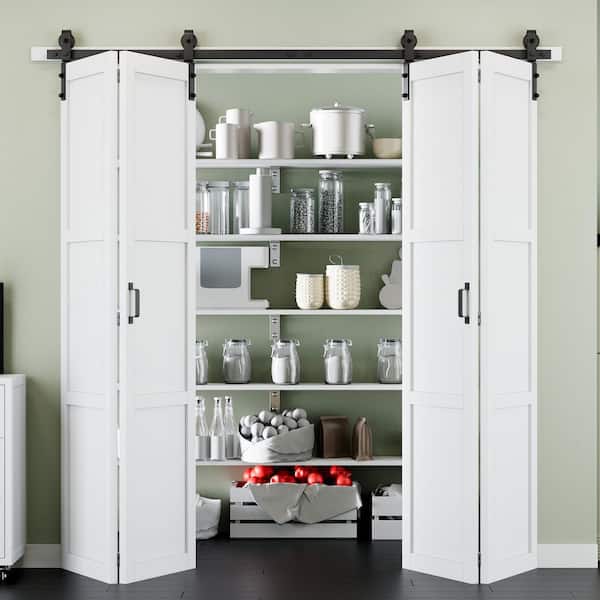 ARK DESIGN 80 in. x 84 in. Paneled 3-Lite White Primed Solid Core MDF Bi-fold Sliding Barn Door with Hardware Kit