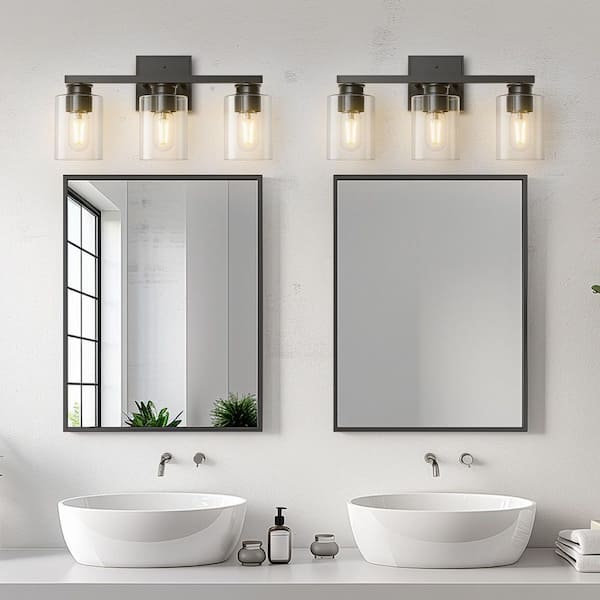 18 in. 3-Light Black Vanity Light with Cylinder Clear Glass Shades for Bathroom, Powder Room or Dressing Room